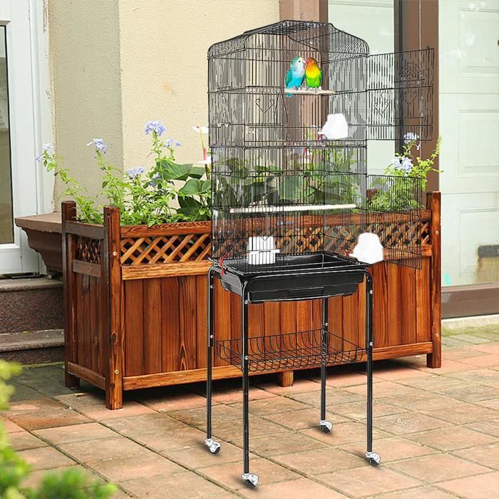 MIPAN. Bird Cage Aviary with Feeders + Wheels - For Canaries, Budgies, Parrots - 46×35.3×150.6cm - Black