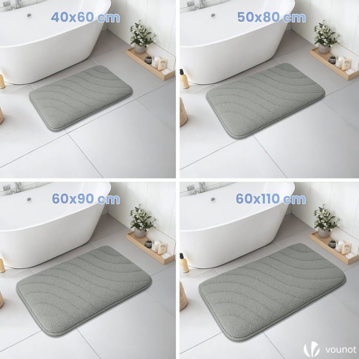 VOUNOT® Lot de 2 Tapis de Bain Antidérapant microfibre motif ondulé 50x80cm gris