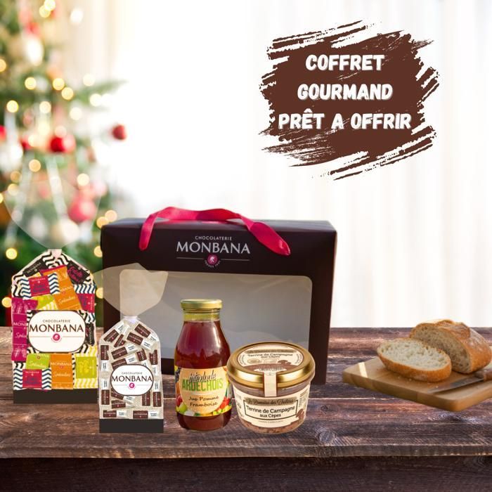 Cadeaupakket met zoet en hartig | MONBANA koekjes en nougat, terrine van eekhoorntjesbrood en vruchtensap uit de Ardèche | Franse selectie, klaar om cadeau te geven
