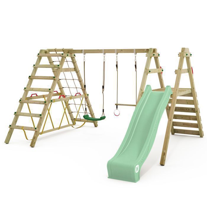 Columpio doble de madera WICKEY Smart Shake con tobogán verde pastel de 220 cm y estructura para trepar – 10 años de garantía*