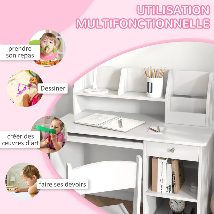 Scrivania per bambini con sedia - ZONEKIZ - vassoio estraibile per tastiera, cassetto, ripiani a giorno e nicchie - 90 x 45 x 90 cm - bianca