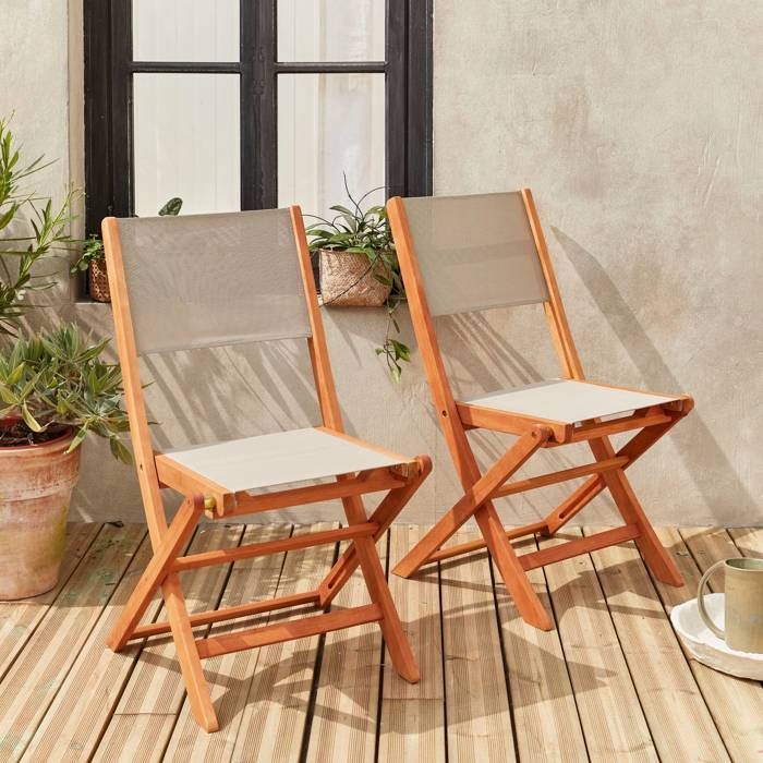 Chaises de jardin en bois et textilène - Almeria Gris taupe - 2 chaises pliantes en bois d'Eucalyptus huilé et textilène