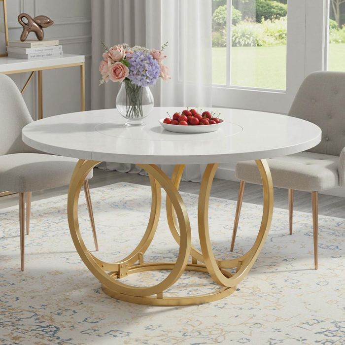 Mesa de comedor redonda, 120 × 75 cm, mesa de cocina blanca para 4 personas, patas de metal dorado, blanco y dorado.