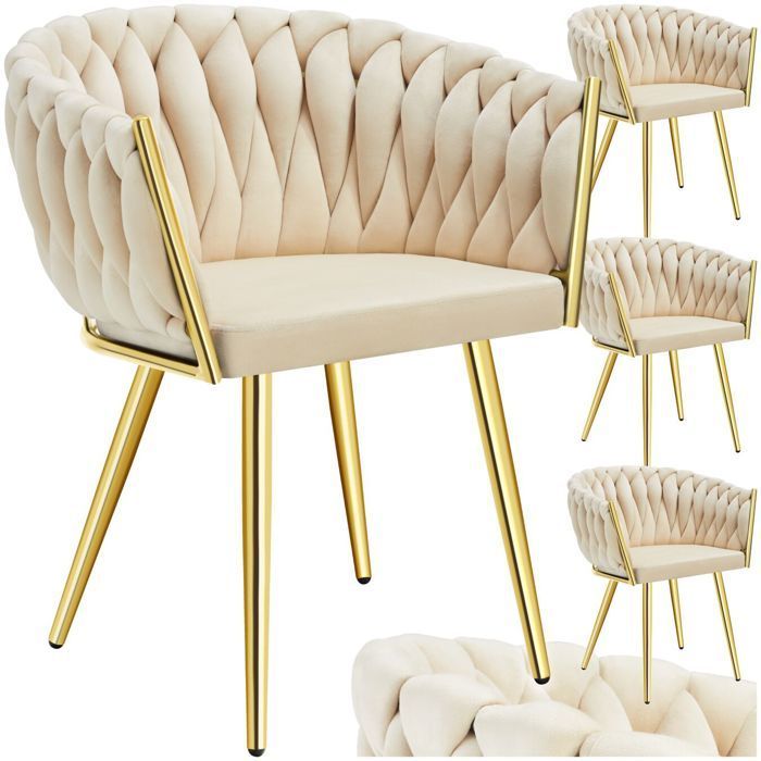 Chairs - TECTAKE - Set of 4 ASTANO dining chairs in knotted designer velvet with slim steel legs - Sand/Gold