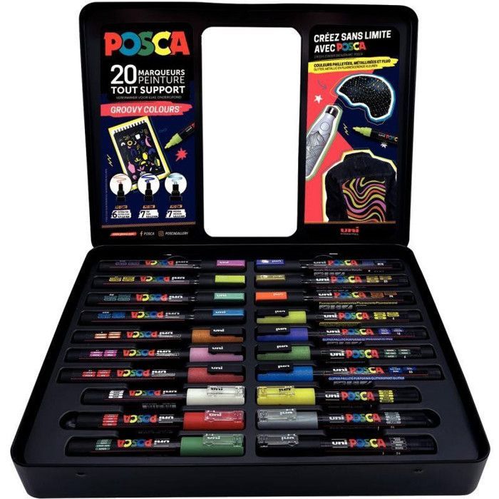 Metal case containing 20 POSCA Groovy Colours markers