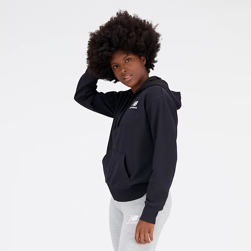 NB Essentials Damen-Kapuzenjacke mit durchgehendem Reißverschluss und Logo-Print – SCHWARZ