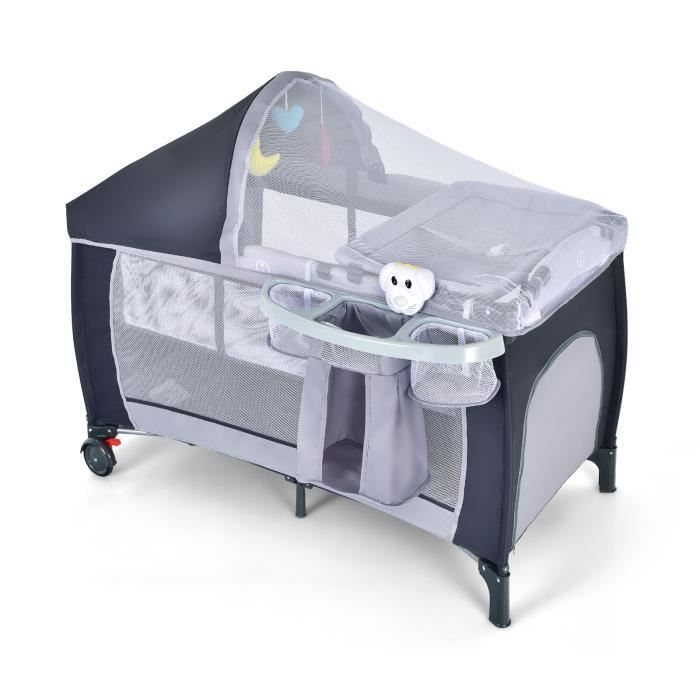 Lit Parapluie Bébé DREAMADE Pliable avec Moustiquaire, Rangements Latéraux, Jouets Suspendus, Musique, Roulettes avec Freins, Gris