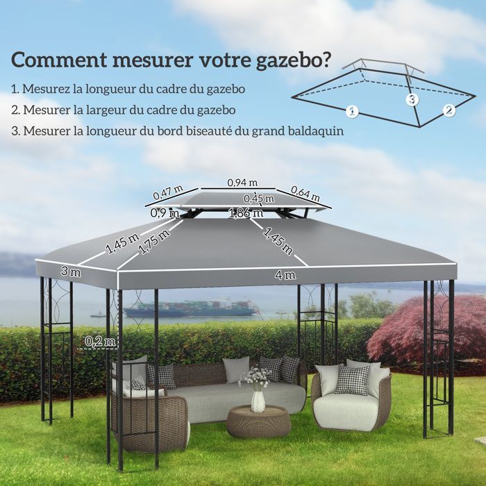 Toldo de repuesto para cenador/tienda Outsunny de 3 x 4 m, poliéster de alta densidad de 180 g/m², gris claro.