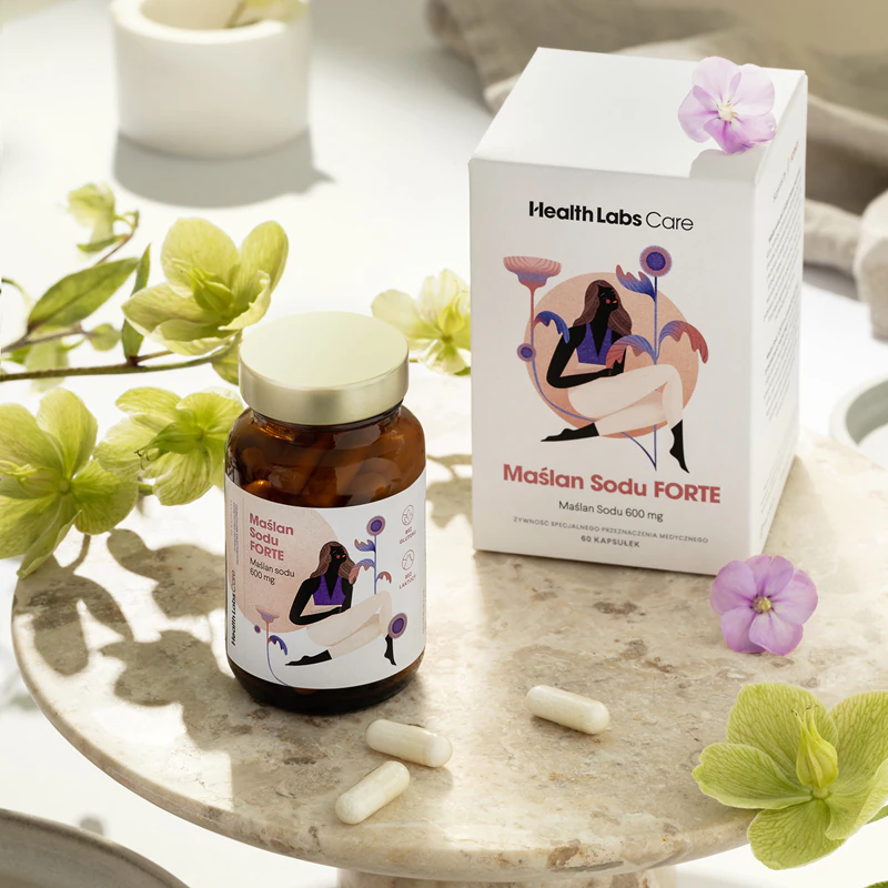 Cápsulas do suplemento alimentar Health Labs Care Sodium Butyrate Forte para normalizar as funções fisiológicas das paredes intestinais.