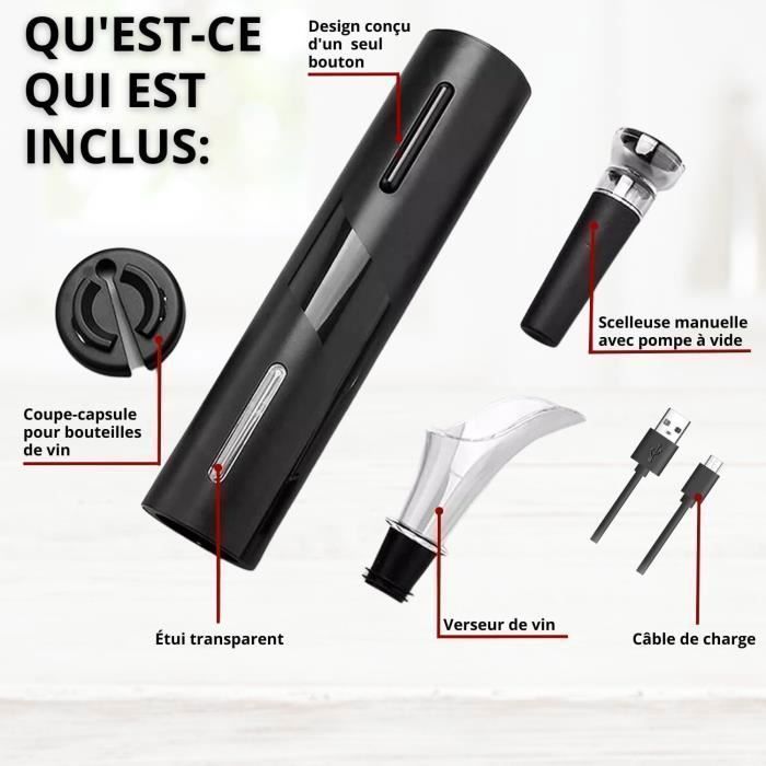 Tire Bouchon Électrique - Rechargeable - RIWILL - Ouvre Bouteille - Coupe-Capsule - Verseur Aérateur - Bouchon à Vide - Câble