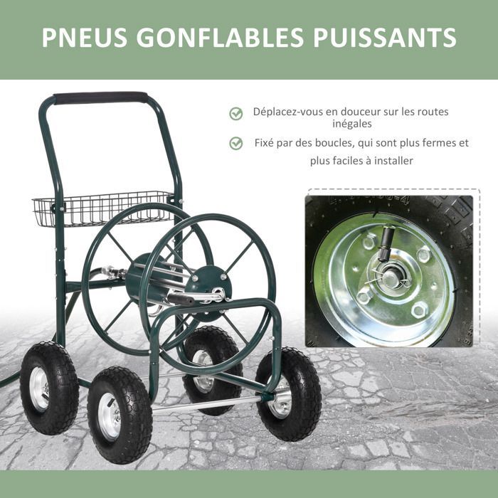 Outsunny 70m Garden Hose Reel on Wheels - Trolley with Non-Slip Handle - Metal - Green