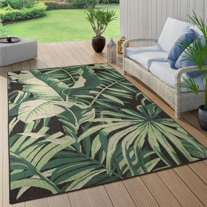 Paco Home Tapis Exterieur Terrasse Salon Cuisine Motif Boho Jungle Palmiers Noir Vert 120 cm rond
