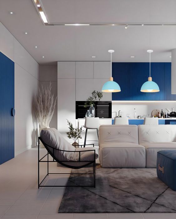 IDEGU Retro Hanglamp, Moderne Halfronde Plafondlamp, E27 Fitting, Hout en Metaal, Blauw, Ø 20CM