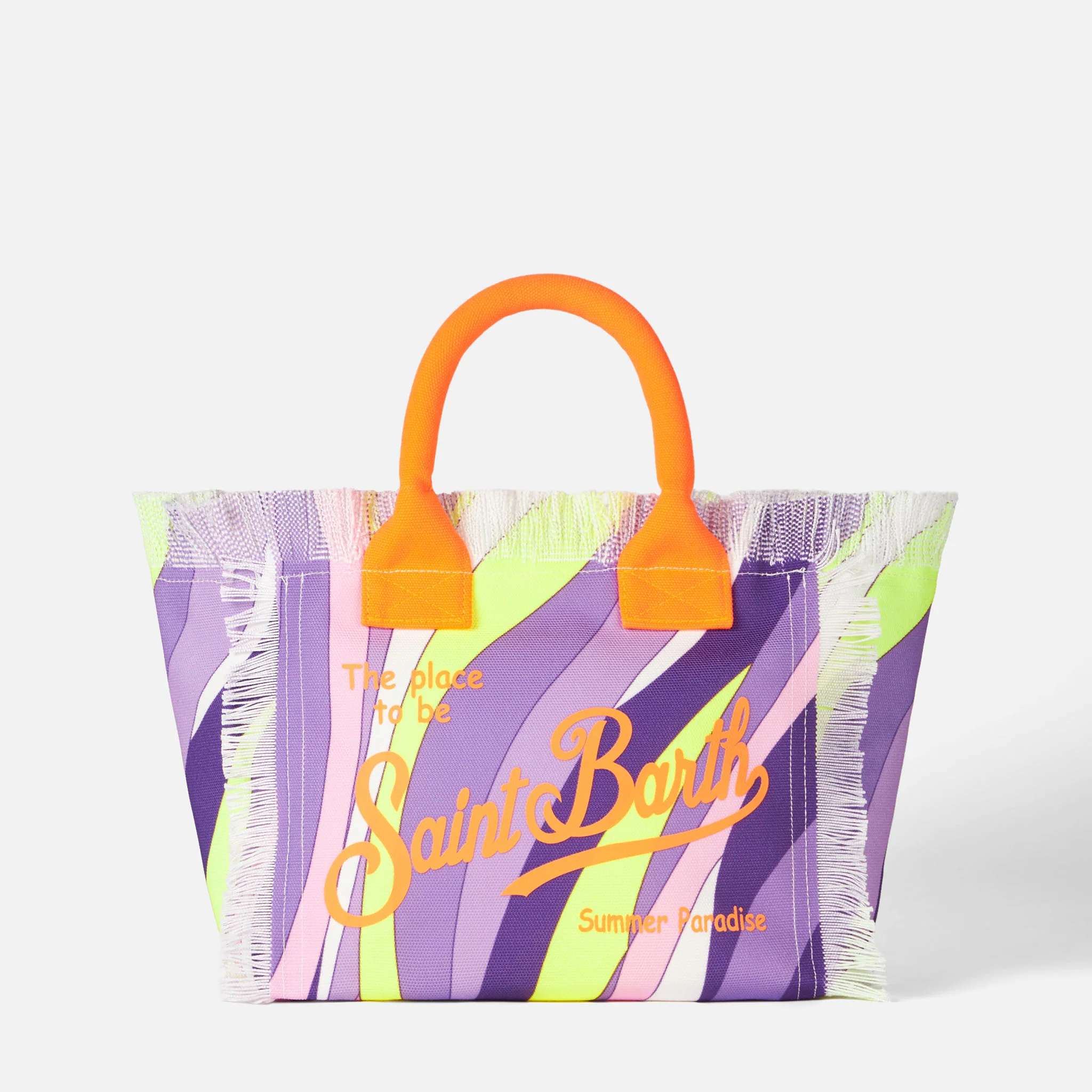 Colette Multicolor Canvas Fringed Handbag with Waves All-Over Print, Saint Barth Logo, Inner Flap with Metal Zip, Inside Pocket | MC2 Saint Barth