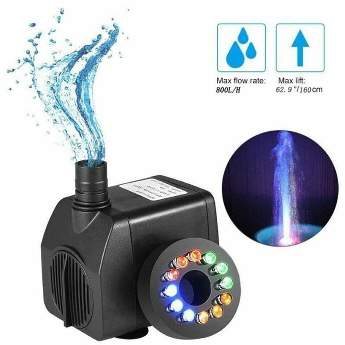 Bomba para fuente de 15 W - Caudal de 800 l/h - Iluminación LED de 12 colores - Para estanques y jardines - Plástico/resina