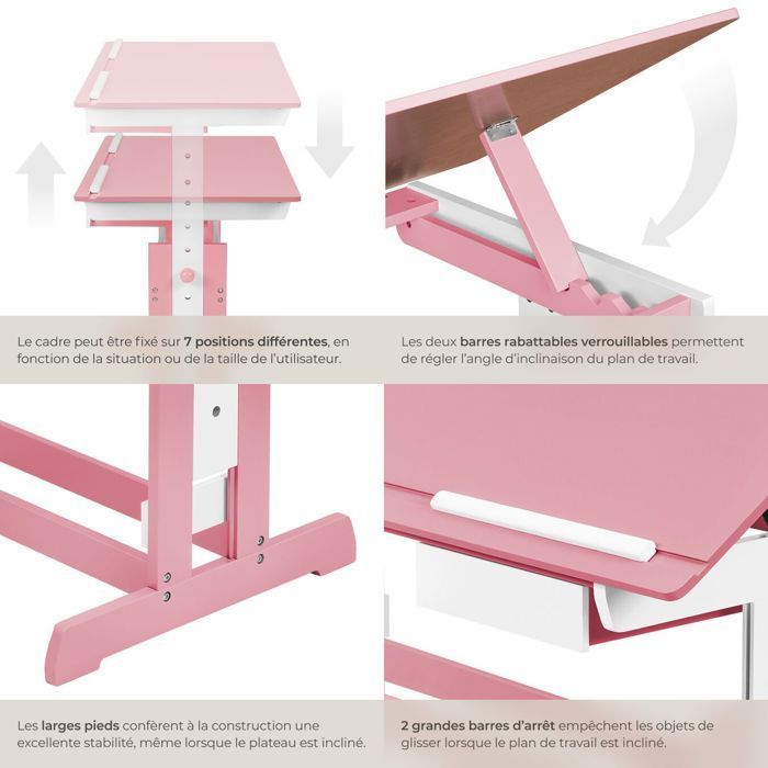ESCRITORIO INFANTIL - TECTAKE - Escritorio infantil regulable en altura e inclinación de 109 cm x 55 cm x 94 cm + cajón de almacenamiento - Rosa brillante