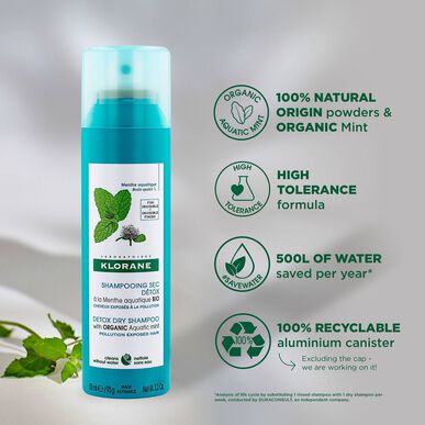 Klorane Aquatic Mint Detox -kuivashampoo, Minttu Bio Detox Saastumista ehkäisevä, 150 ml