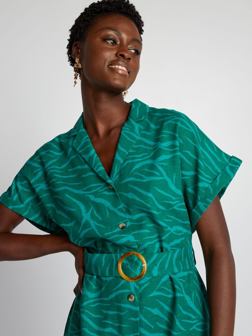 Linnen midi-jurk met riem - GROEN