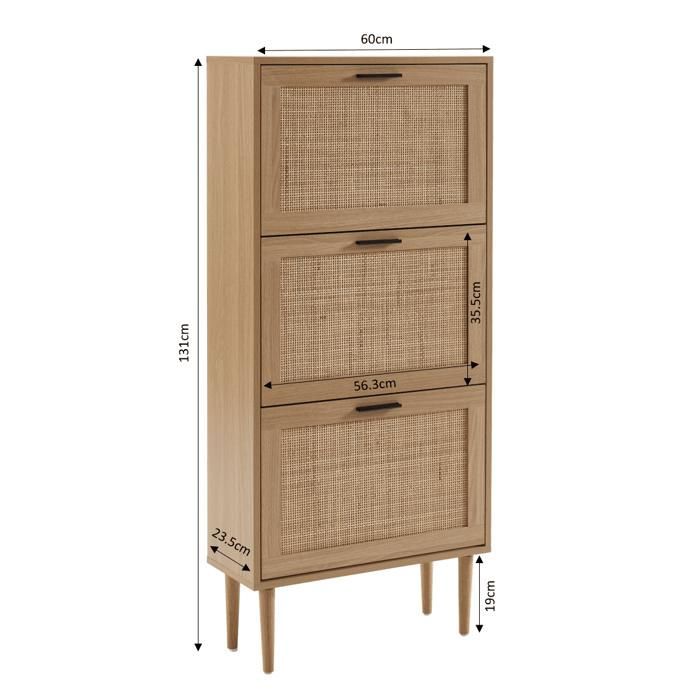 Meuble à chaussures AMANA  cannage rotin  3 portes 60cm - Bois