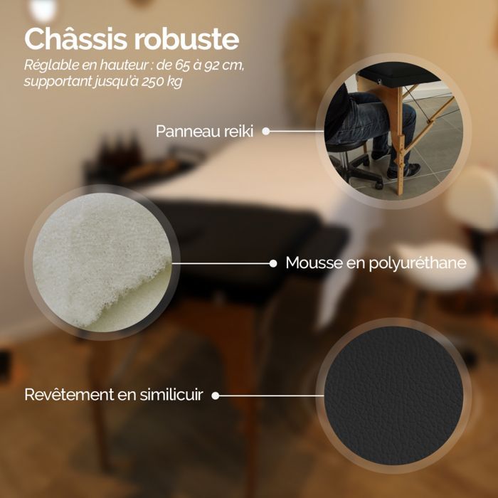 Table de massage 15 cm pliante 2 zones en bois avec panneau Reiki + Accessoires et housse de transport - Noir - Vivezen