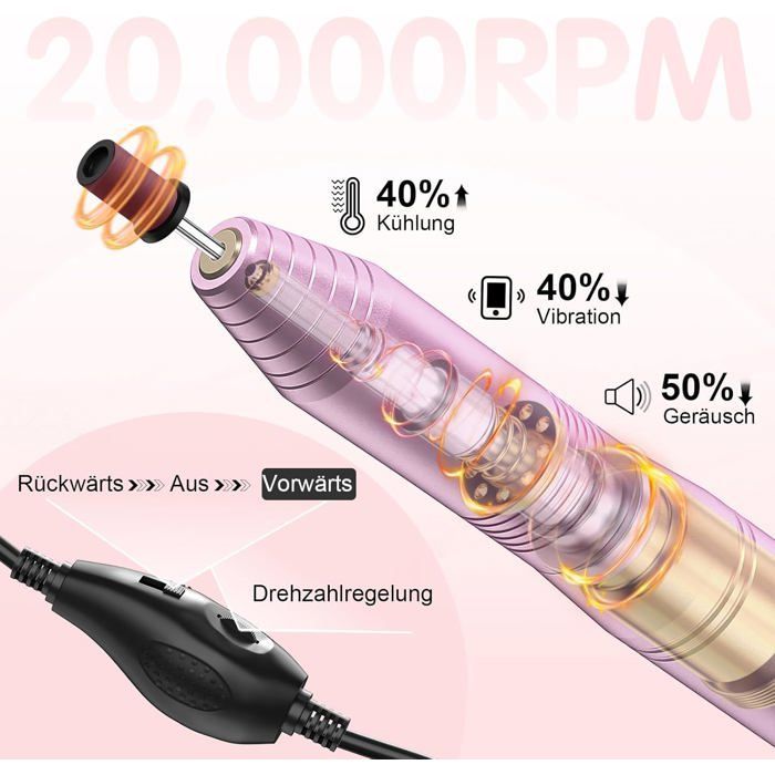 Ponceuse pour Ongles,Lime à Ongle Électrique 20000 RPM,Manucure Électrique Ongles pour Gels et Ongles Naturels,Set Nail Drill Idéal