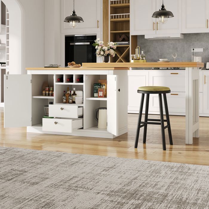 Îlot de Cuisine Extensible 120-180 cm  Blanc avec Rangement et Porte-Bouteilles, Table de Repas Pivotante 360°, Table Haute