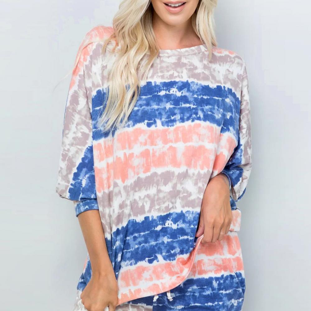 Chemisier tie-dye femme en promotion, col rond, imprimé dégradé, manches trois-quarts, dos nu