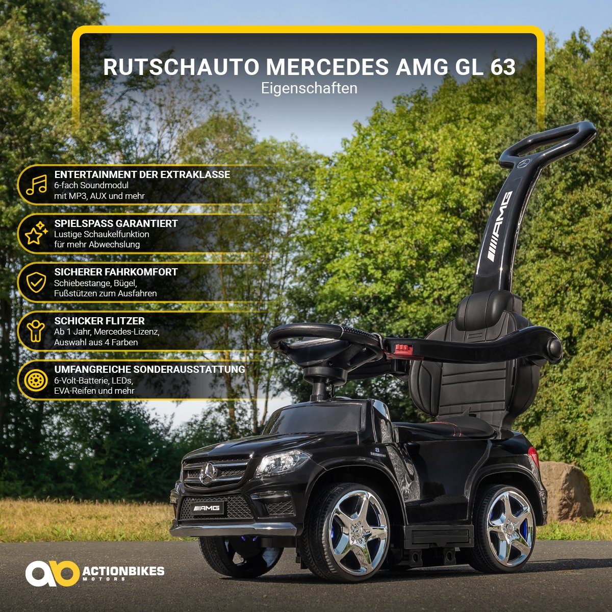 Actionbikes Motors Mercedes Benz GL 63 AMG odrážedlo vč. madla, (Dětské elektrické auto od 1 roku - funkce houpání - stupačky, 1dílné, 6V baterie - MP3 - Bluetooth - zvukový modul - LED - pneumatiky EVA), dětské vozidlo