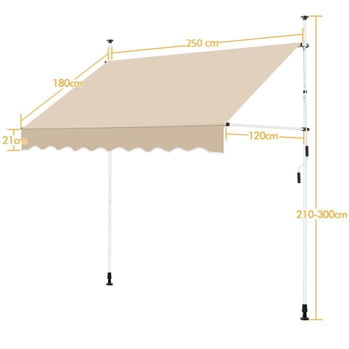 Yaheetech Beige Zonnescherm 250 x 120 cm - In hoogte en kantelhoek verstelbaar - Balkon, Terras, Tuin