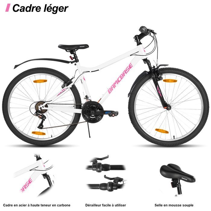 Hiland dames mountainbike 26 inch, 18 versnellingen, carbonstalen frame, ideaal voor in de stad en recreatie, V-remmen - wit