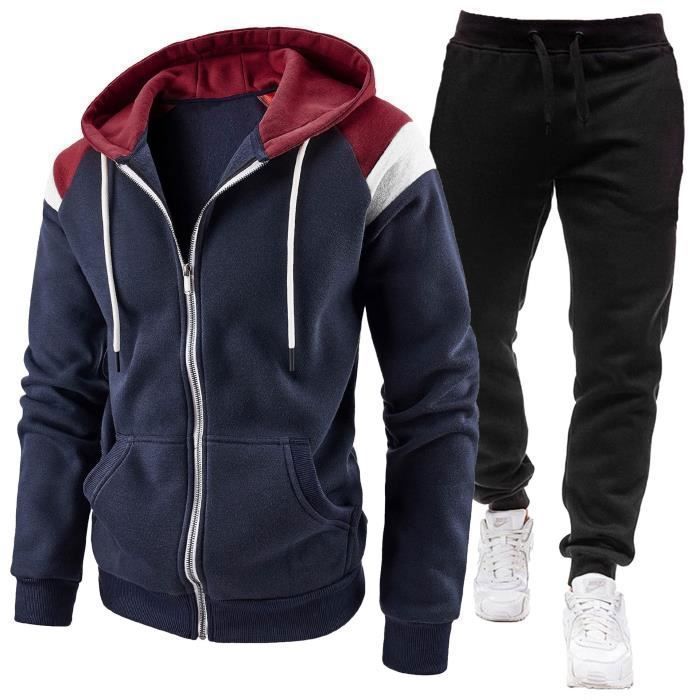 Chándal para hombre, conjunto de chándal con sudadera con capucha y pantalón de chándal con cordón ajustable - Azul marino