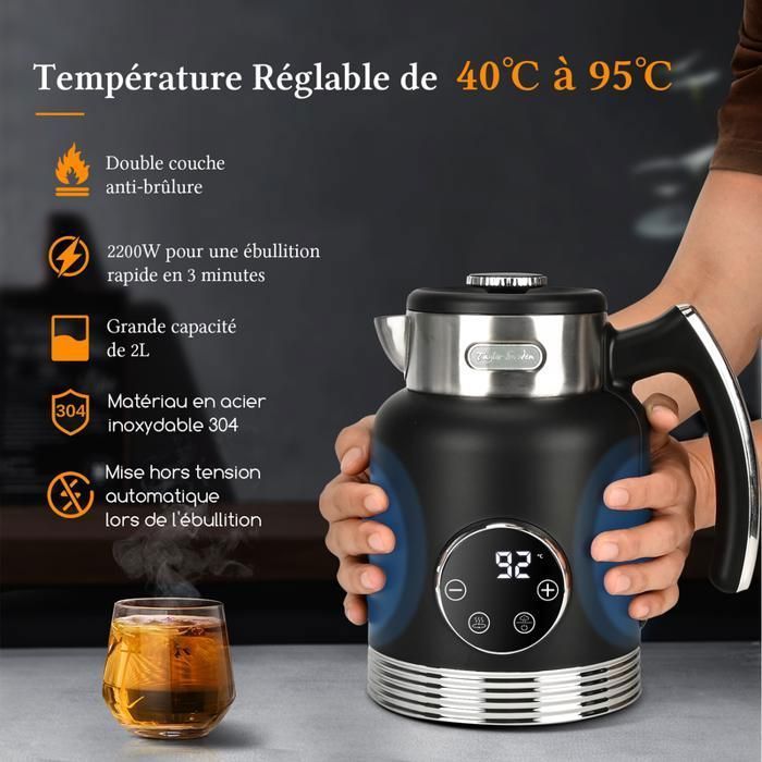 Taylor Swoden Asher Pro Electric Kettle, 2L Capacity, Adjustable Temperature Control 40-100°C, Keep Warm Function, Black