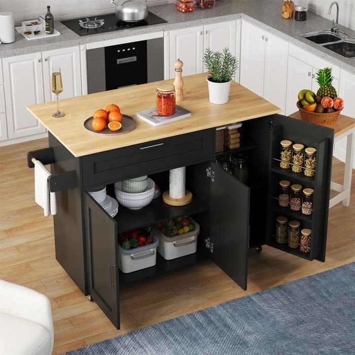 Mobile kitchen table - 132.5x44(70)x90 cm - Folding top - Oak grain - 5 casters