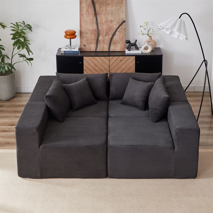 DRIPEX Canapé modulable 4 places en velours côtelé 335CM,Canapé compressé rembourré avec 4 coussins,combinaison libre,Noir