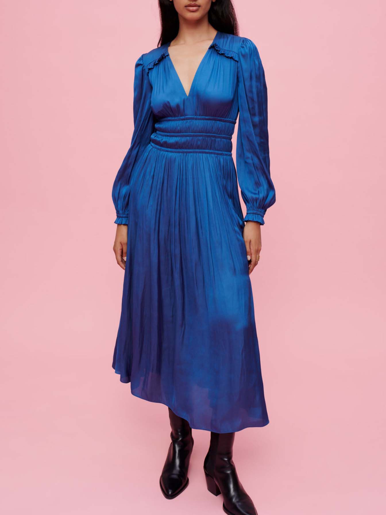 Rochie din satin cu talie încrețită - Albastră