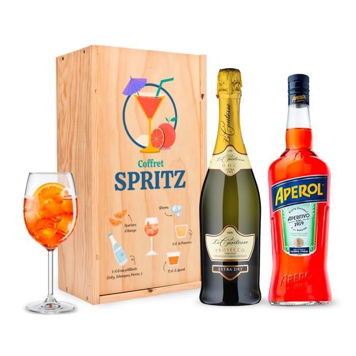 Coffret alcool SPRITZ - Coffret cocktail complet avec Caisse Bois, 1 bouteille Prosecco & 1 bouteille d'Apérol [Kit apero a offrir]