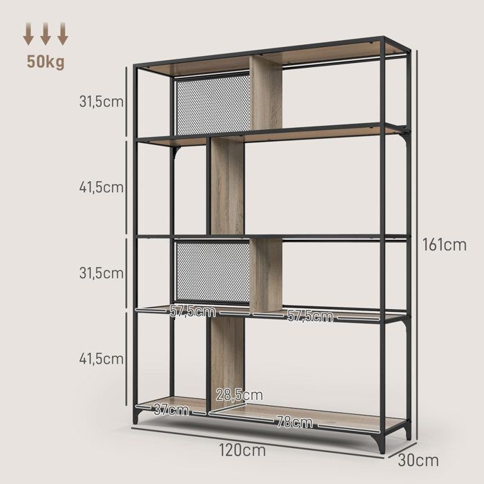 Librería/Mueble de almacenamiento - HOMCOM - Estantería de 5 niveles con estructura de acero - Estilo industrial - 120 cm de largo x 30 cm de ancho x 161 cm de alto