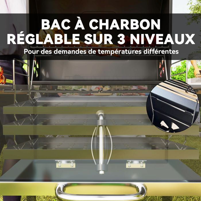 Outsunny Charcoal Barbecue - Height Adjustable - Grill, Lid, Thermometer, Shelves, Wheels, and Bottle Opener - Black