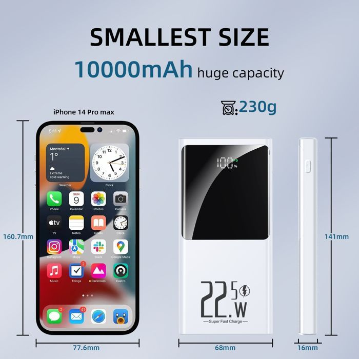 Batería externa blanca de 10000 mAh, power bank de 22,5 W con 3 salidas, batería portátil ultradelgada, cargador rápido, con pantalla LED.