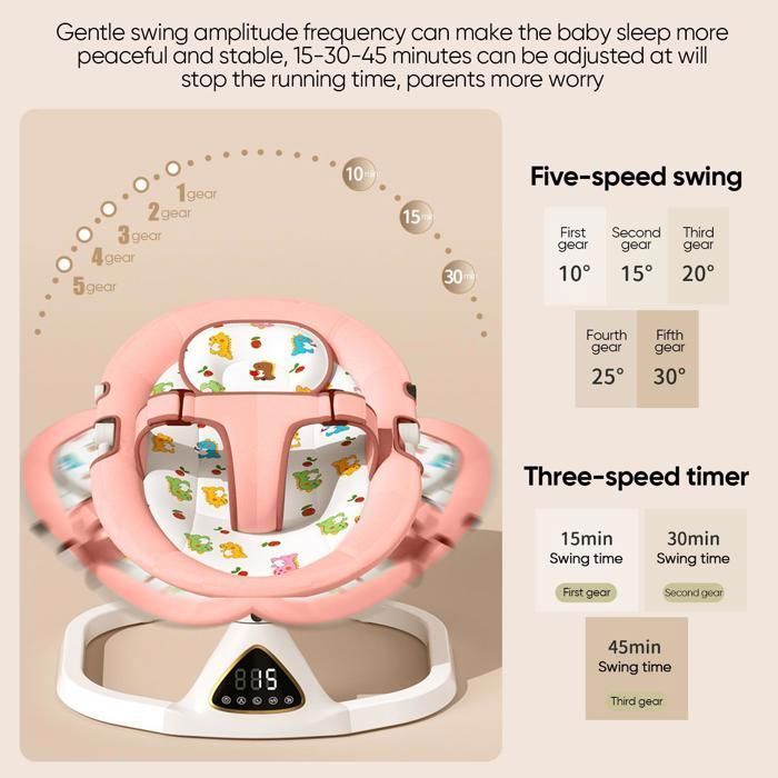 Elektrische babywipper met afstandsbediening en Bluetooth, babyschommel met 5 schommelsnelheden, boog met speelgoed en dienblad