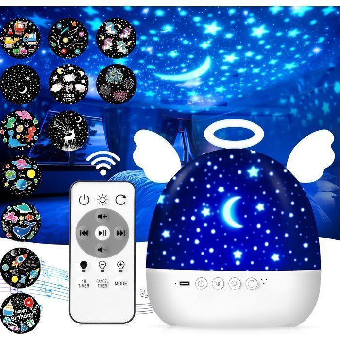 Proiettore per bambini con luce notturna, 12 film proiettati - 20 canzoni - Rotazione a 360° e telecomando - Luminosità regolabile