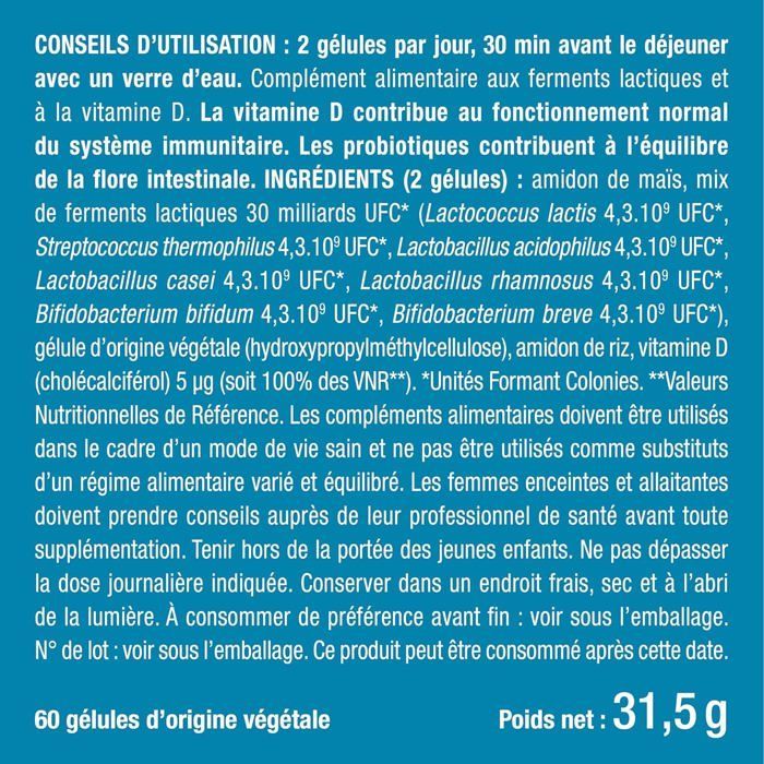 Probiotiques 30 milliards d’UFC/jour - 7 Souches Bio-actives - Vitamine D - 30 gélules