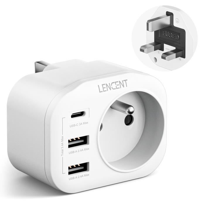 Adaptateur de Prise - LENCENT - France vers UK - 2 Ports USB - 1 Type-C - Ignifuge