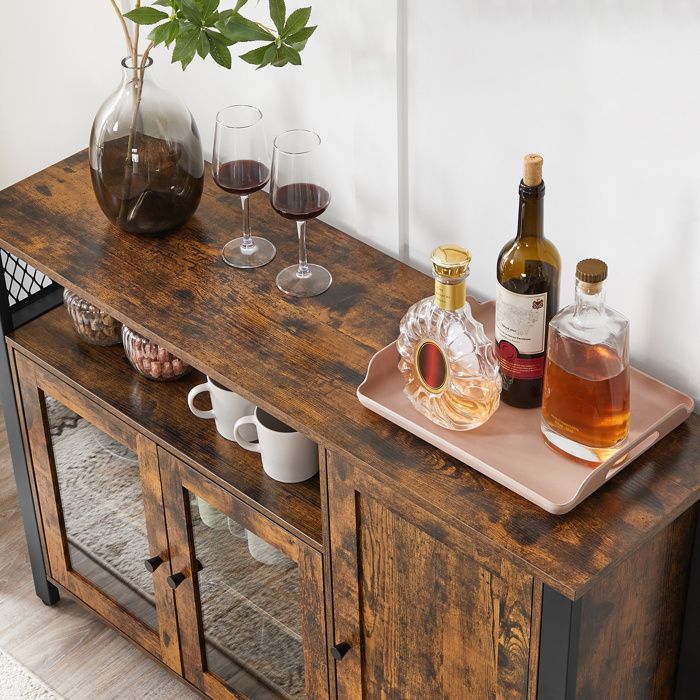 Mueble de almacenamiento VASAGLE, aparador, armario de cocina, vitrina, con 3 puertas, 33 x 110 x 75 cm, marrón rústico y negro.