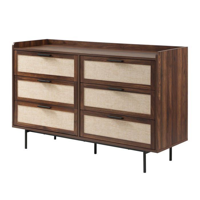 CALICOSY - Commode 6 Tiroirs décor noyer avec façades en tissu L120 cm - JETSON - Bois foncé