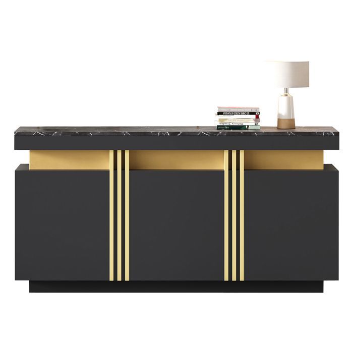 Aparador con efecto mármol negro, 140 cm - Armario de 3 puertas con tapa de mármol, 6 compartimentos, capacidad de 45 kg, diseño moderno y elegante.