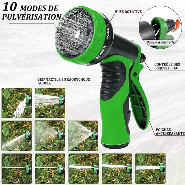 Tuyau d'arrosage extensible 5→15 m avec pistolet 10 fonctions et support – 3 couches latex, raccords cuivre