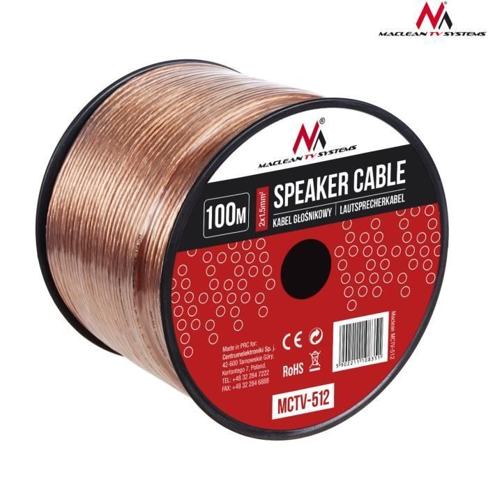 Cable para altavoces - Maclean - 100 m - CCA OFC - Aislamiento flexible - 2*1,5 mm