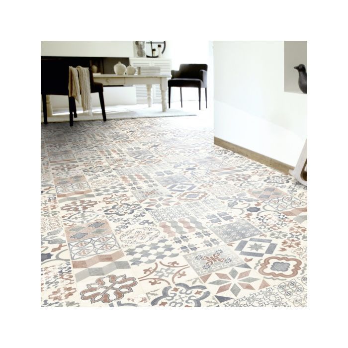 Suelo de linóleo - Baldosas de cemento - Natural - Rollo de 2 m x 6 m