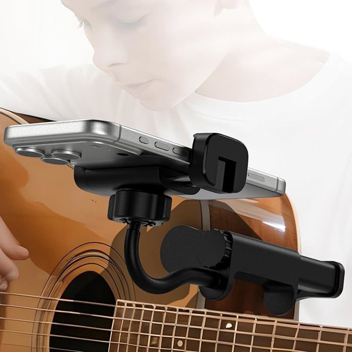 Guitar Phone Holder - Universal Smartphone Holder for Guitar, Bass, Ukulele, Rotating, Black, Clip-on Type